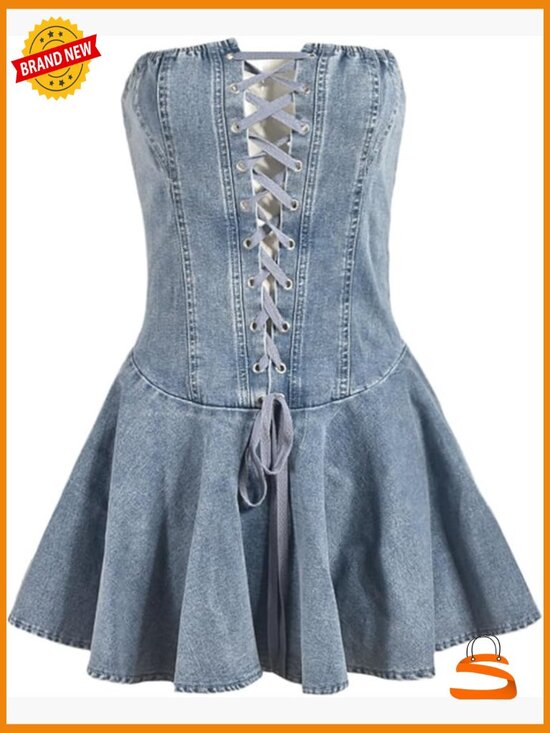 Dresses & Skirts - Strapless Denim Tube Mini Dress Ruffled Hem Bodycon Back Zipper